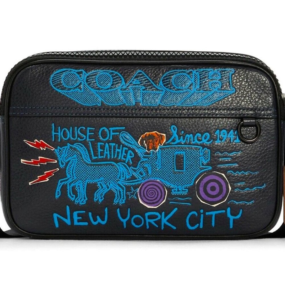 COACH MEN'S Graham Leather NYC Crossbody Double-Zip Bag w/ Art School Graphic